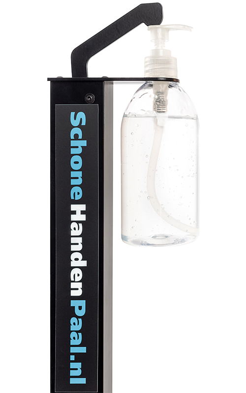 Handflacon gemonteerd in de desinfectiepaal